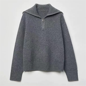 秋冬设计感灰色羊毛衫女宽松半开翻领拉链毛衣加厚软糯针织打底衫图片