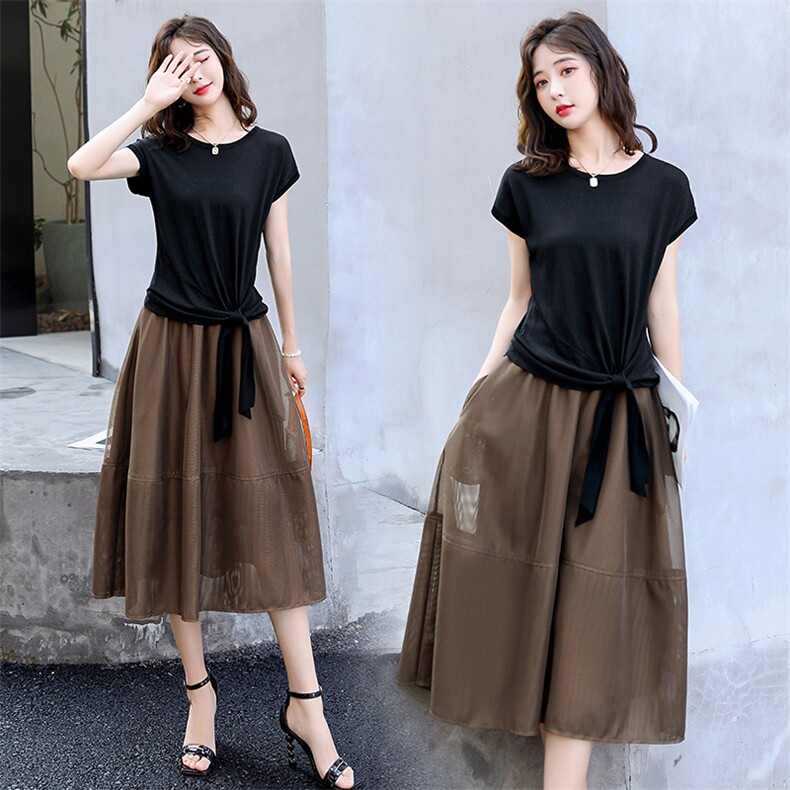 冰丝针织连衣裙女夏季薄款2025新款高级感法式收腰高端网纱两件套，女装套装/套裙，蓝诺裳