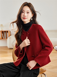 红色双面呢外套女2025秋冬新款气质双排扣小个子显瘦时尚妮子大衣图片