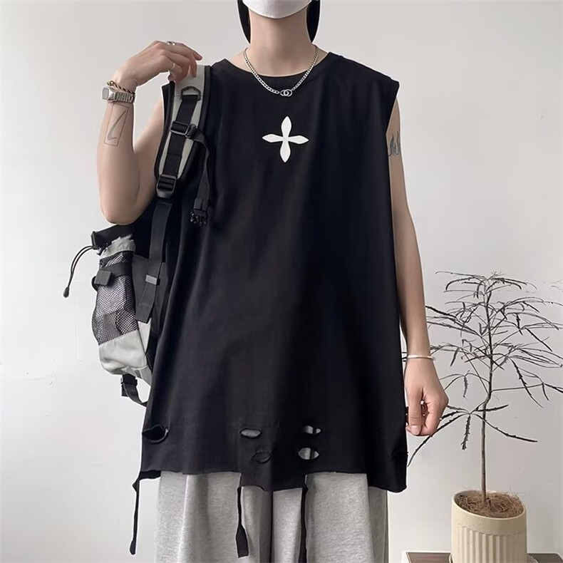 夏季时尚背心流苏剪破款设计感印花高品质纯棉背心马甲BX71 p29图片