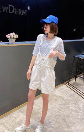 夏季休闲条纹背带短裤，女装，水锦红