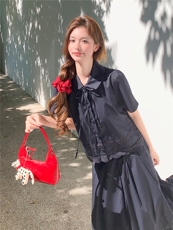 蕾丝拼接娃娃领系带上衣松紧腰半裙学院风套装女，女装套装/套裙，水衣源