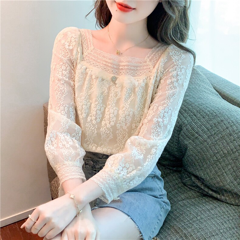 春季新款气质长袖超仙上衣甜美小衫方领蝴蝶结蕾丝衫，女装蕾丝衫/雪纺衫，美吧服饰