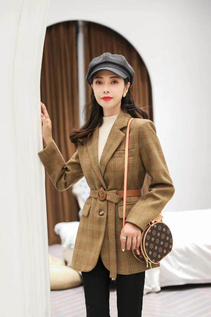 【现货】新款2021冬装羊毛呢格子外套，其它，百媚丽人