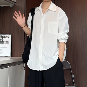 C9090/P40新款长袖衬衫男简约纯色大码休闲痞帅衬衣百搭上衣图片