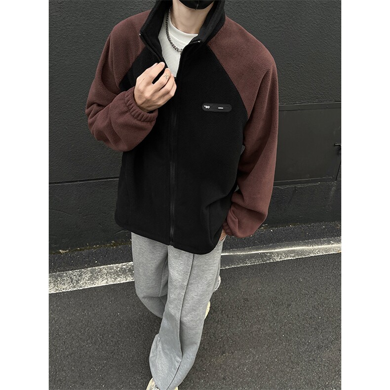 现货KS1109-P50摇粒绒开衫痞帅撞色拼接大码卫衣开衫外套,女装短外套,电商A059