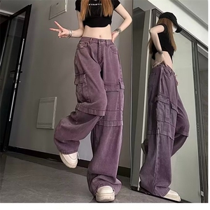 美式复古紫色工装牛仔裤男女大码时尚潮流裤图片