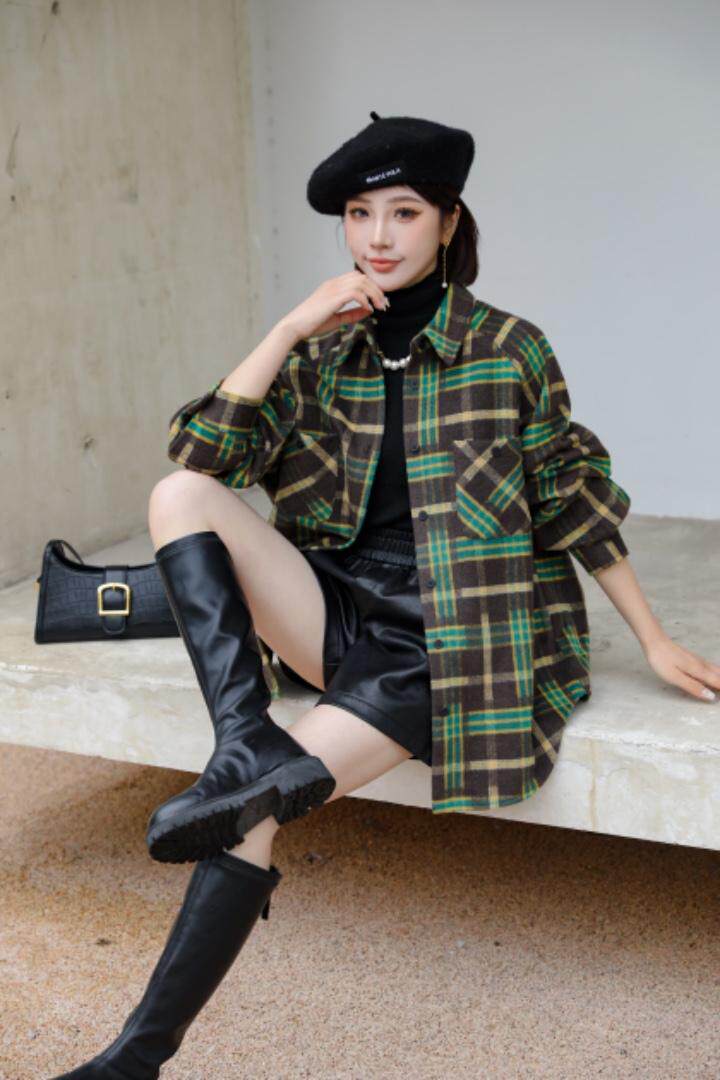 冬格子磨毛衬衫外套，女装衬衫，美合佳彦(6F)