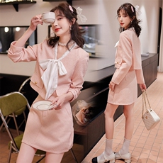 2024春装新款时尚潮流简约气质小香风蝴蝶结领套裙两件套，女装套装/套裙，乔米娜