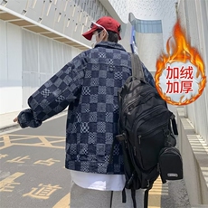 加绒加厚羊羔绒美式秋季夹克新款男时尚潮牛仔格子外套RB57P70，男装夹克，星座1116-2