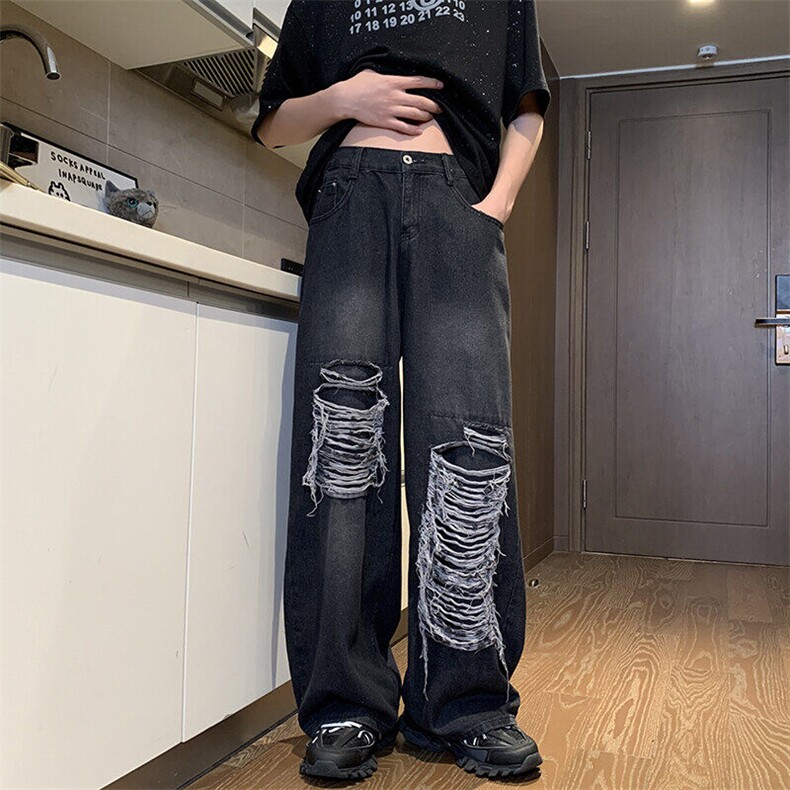 现货贴布破洞牛仔裤男痞帅美式高街阔腿裤子宽松直筒55011-p52,男装牛仔裤,星座1008