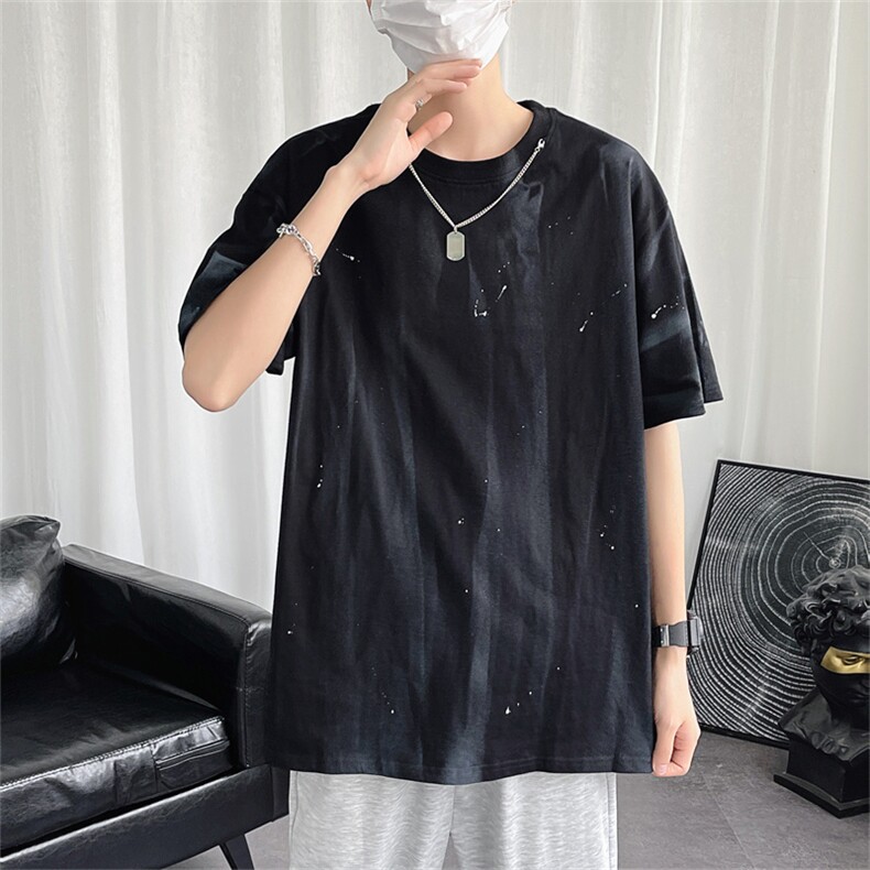 炸街夏T恤男带项链下摆破洞短袖宽松日系新半袖男女同款 T592-P25图片