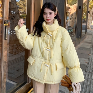 8816#光版手赛棉牛角扣短款棉服纯色面包服外套