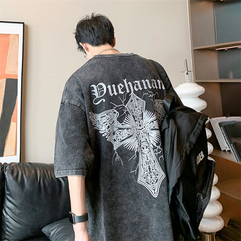 抖音供货、210克现货水洗棉印花宽松版短袖T恤D223A-T22136-P30,男装T恤,电商019-1