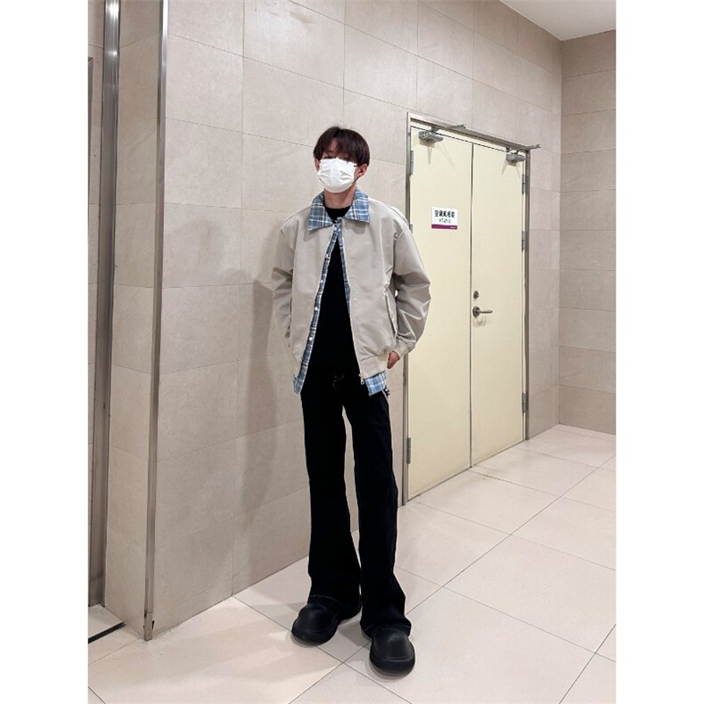 格子双面穿拼接夹克男装ins潮牌宽松休闲飞行员工装外套W6494-P69,男装夹克,星座412-1