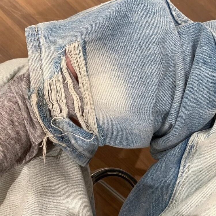 美式复古浅蓝色破洞牛仔裤男女情侣年春秋设计感直筒高腰阔腿裤,男装牛仔裤,星座506A