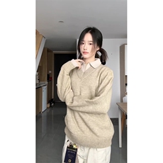 重磅北极绒假两件衬衫领毛衣美式高街复古休闲慵懒纯色翻领针织衫，男装针织衫/毛衣，电商A486