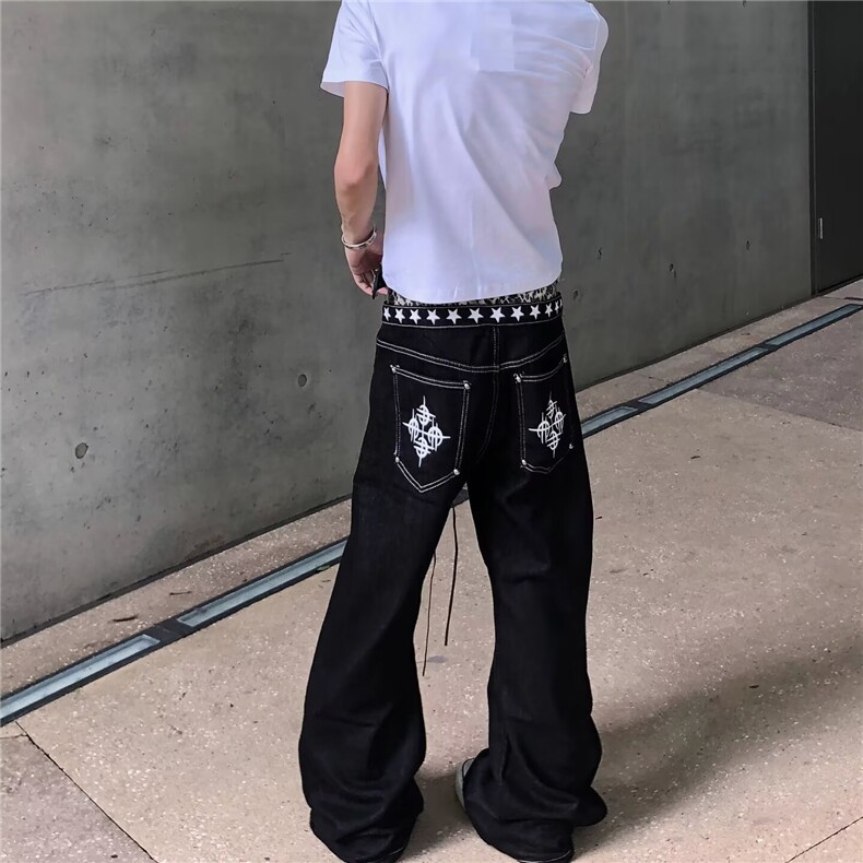 美式复古豹纹拼接双腰头牛仔裤男女秋季街头亚比假两件宽松弯刀裤,男装牛仔裤,星座516A