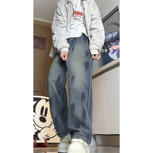 秋季新款涂鸦牛仔裤男款痞帅高街美式复古阔腿裤子-A1188TP45控65图片