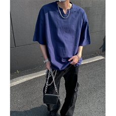 2026夏装V领薄款棉麻五分袖T恤面料:棉T5501/特P20藏蓝色3，男装T恤，电商A094