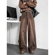 美拉德牛仔裤男冬美式复古高级感休闲宽松棕色阔腿长裤RK2485-P43，男装牛仔裤，星座412-3