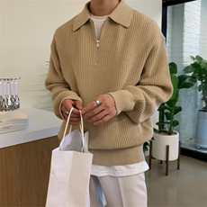 轻熟风男装半拉链polo领毛衣男日系慵懒复古高级感翻领针织plol衫，男装针织衫/毛衣，星座1116-2
