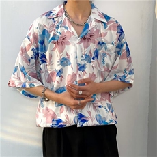 碎花短袖衬衫男士春夏季bf港风复古休闲衬衣情侣宽松痞帅潮牌上衣，男装衬衫，星座410-7