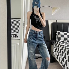 美式小众水洗闪电裂纹女2025时尚牛仔裤潮牌宽松阔腿直筒裤子，女装休闲裤，星座506A