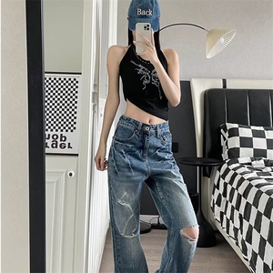 美式小众水洗闪电裂纹女2025时尚牛仔裤潮牌宽松阔腿直筒裤子图片