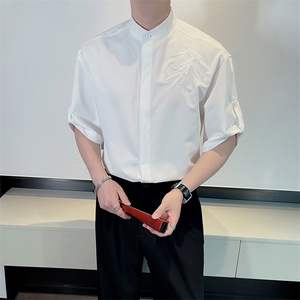 夏季男装新中式风立领五分袖衬衫男纯色毛竹刺绣衬衣潮CS866P60图片