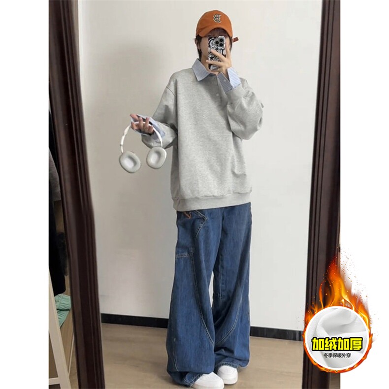 重磅加绒硬挺boxy男女美式高街假两件衬衫领长袖卫衣POLO领打底衫，男装T恤，电商A486-1