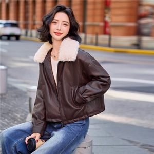 高级感皮面棉服女2025冬季新款保暖毛领羽绒棉PU皮衣短外套上衣图片