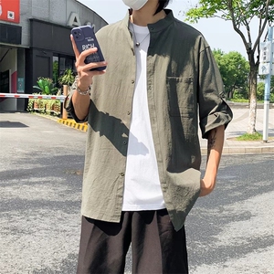 七分短袖衬衫男士棉麻外套韩版潮流夏季薄款休闲7衬衣服男装帅气图片