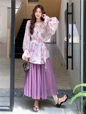 【档口】紫色碎花上衣网纱半身裙套装2C158-6008-P165-K238，女装套装/套裙，2C158
