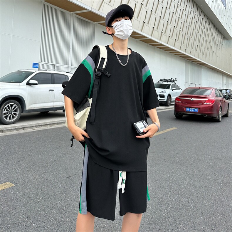 现货主推大码港风情侣冰丝防晒日系短袖五分裤休闲运动套装S16P50,男装休闲套装,电商B226