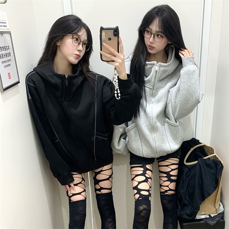 抖音得物高品质秋冬美式高街重磅结构辑明线纹理连帽卫衣外套W111,女装短外套,电商A486-1