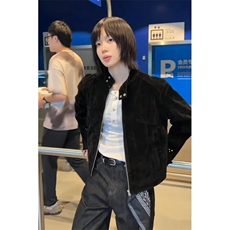 网图原版翻毛绒秋季新款摩登时代复古绒皮工艺立领夹克外套P80，男装夹克，电商C306-1