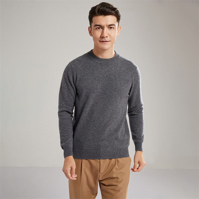 2024秋冬新款山羊绒男士圆领菱格羊绒衫男装，男装羊绒套衫，镁纯羊绒