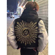 美式刺绣太阳之眼黑色夹棉棒球服夹克外套男A439-常规P68加棉P78，男装夹克，星座1505
