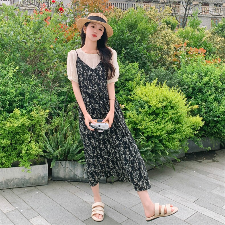 法式复古吊带连衣裙女夏季2025新款气质雪纺碎花长裙子,女装连衣裙,帛香坊