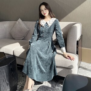 2021春季新款时尚优雅气质格纹拼接灯芯绒连衣裙图片