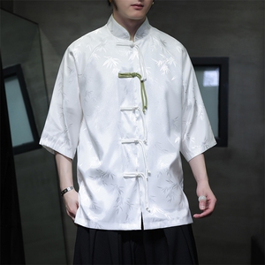 夏季新中式风竹叶提花插肩袖手工盘扣短袖立领唐装衬衫30503图片