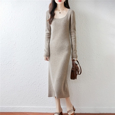 2025百搭时尚简约圆领长袖修身羊毛连衣裙，女装连衣裙，越洋羊