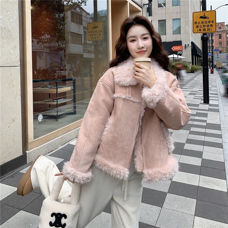 粉色皮毛一体羊羔毛外套女2025冬短款毛领夹克加厚保暖小个子减龄,女装短外套,2C236