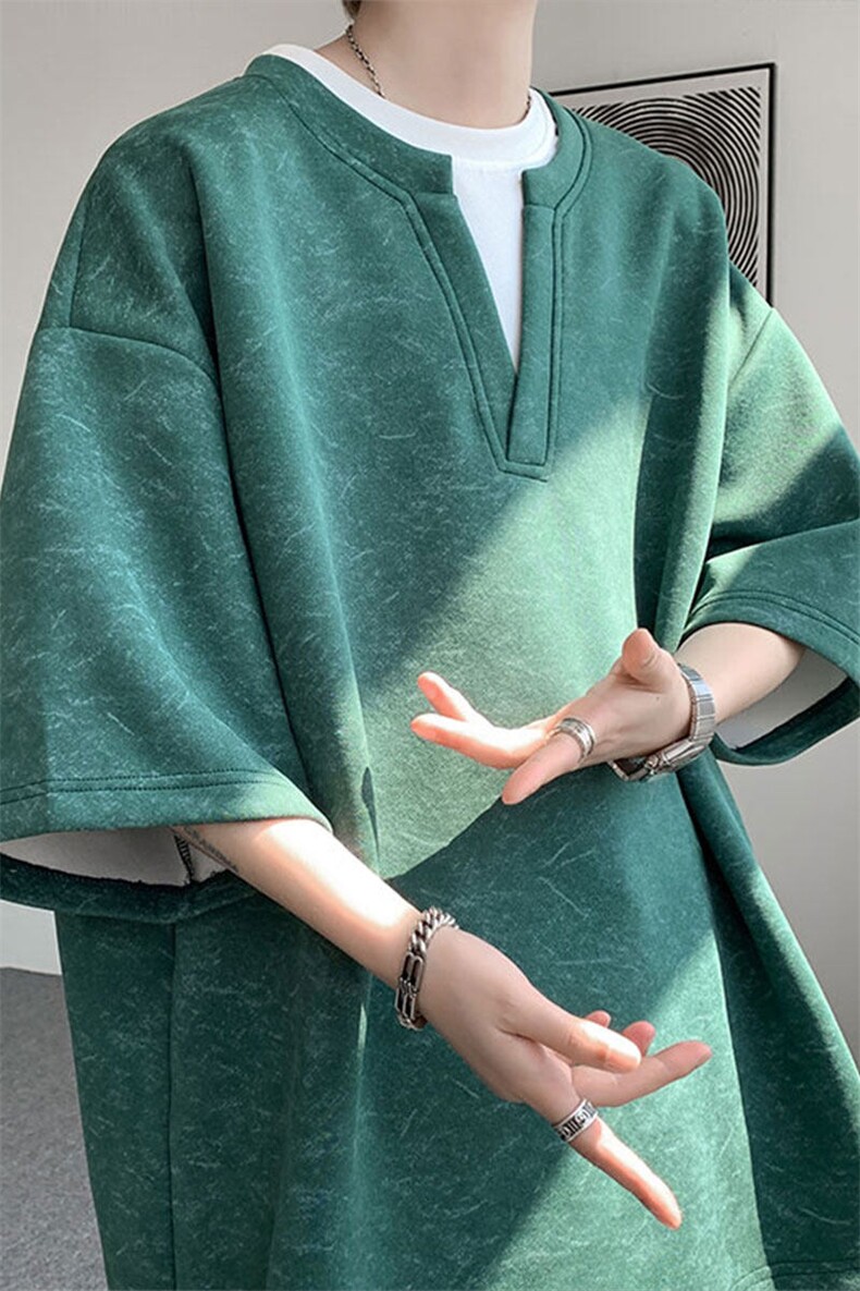 T10126-特批30控59夏季港风扎染V领假两件短袖T恤男大码宽松上衣,男装T恤,电商A059
