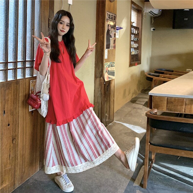 温柔系穿搭甜美红色t恤裙时尚洋气韩版条纹半身裙两件套女夏新款图片