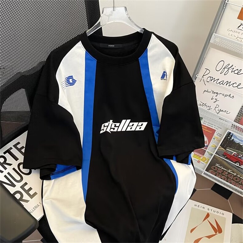插肩拼色五分袖潮牌夏季短袖t恤宽松美式学生男士衣服ST447-P38图片