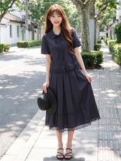 蕾丝拼接娃娃领系带上衣松紧腰半裙学院风套装女，女装套装/套裙，水衣源