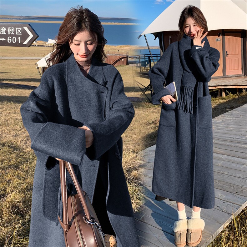韩版加厚中长款双面羊绒大衣女2025年秋冬季新款显瘦围巾呢子外套,女装双面呢大衣,韩蜜菓