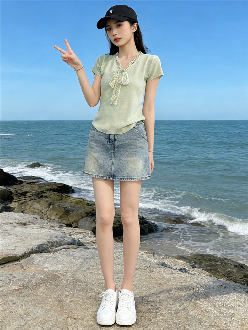 气质温柔风时尚套装裙女夏新款V领蕾丝拼接针织上衣牛仔裙两件套,女装套装/套裙,江南